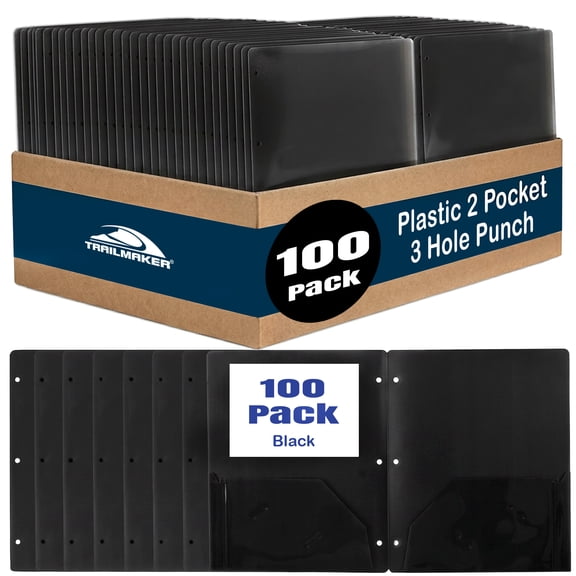 100 Pack Two Pocket Plastic Translucent 3-Ring Hole Punch Folders, 11.5”L x 9.5”W for Filing / Storing Paper Work, Black