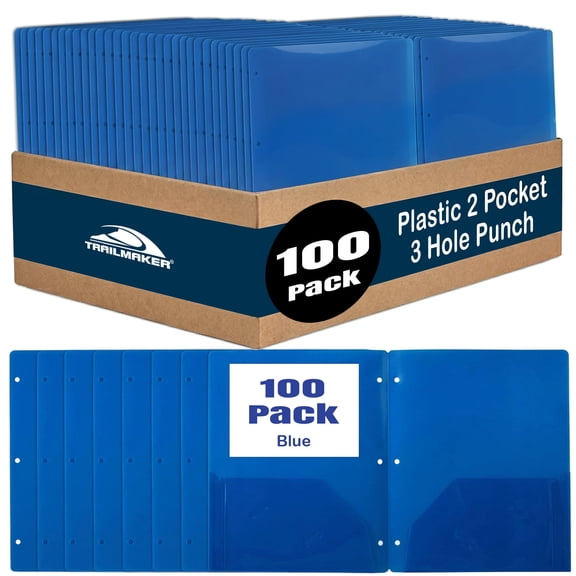 100 Pack Two Pocket Plastic Translucent 3-Ring Hole Punch Folders, 11.5”L x 9.5”W for Filing / Storing Paper Work, Blue