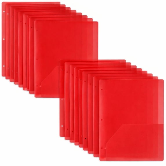 100 Pack Two Pocket Plastic Translucent 3-Ring Hole Punch Folders, 11.5”L x 9.5”W for Filing / Storing Paper Work, Red