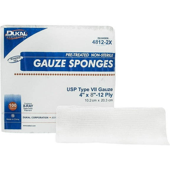100 Pack Type VII X-Ray Detectable Cotton Gauze Sponges 8" x 4" 12-ply Non-Sterile