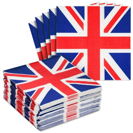 Juvale British Napkins - 2-Ply, 6.5 x 6.5 in, 100 Count - Union Jack Cocktail Paper Napkins for Union Jack Party Supplies & Themed Party Decor