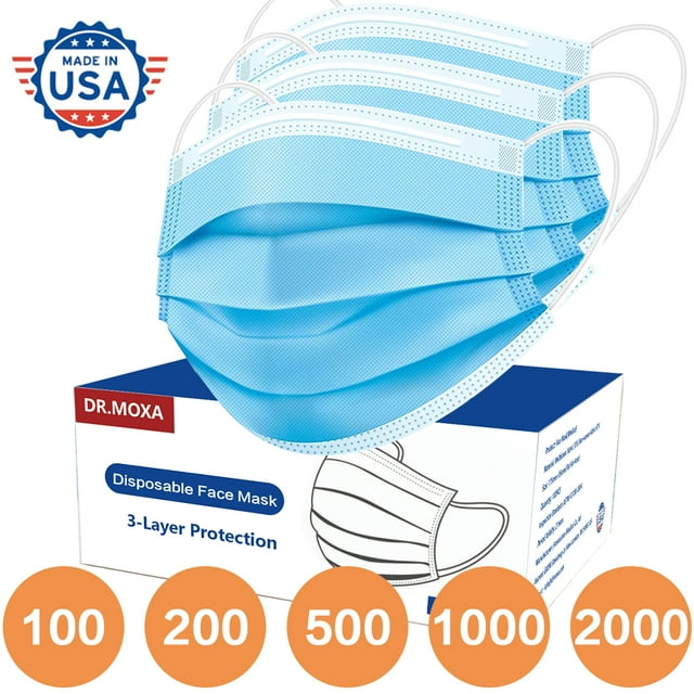 100 Pack USA Made Blue Disposable Face Masks 3 Ply for Protection