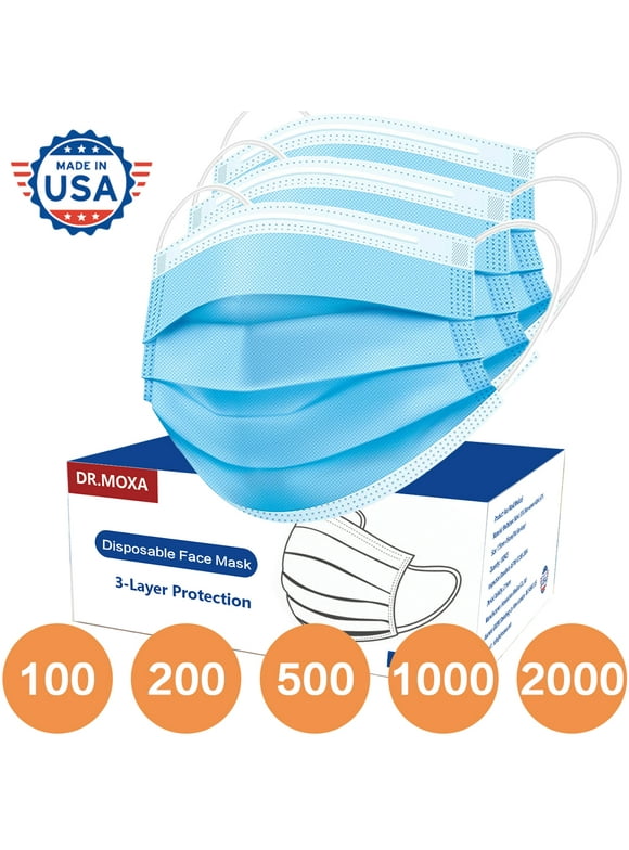 100 Pack USA Made Blue Disposable Face Masks 3 Ply for Protection, Elastic Ear Loop Filter Mask for Aldult
