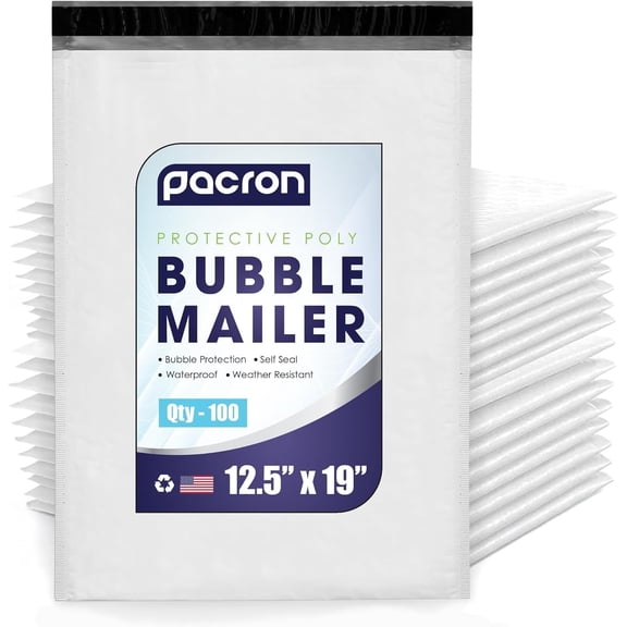 Pacron Poly Bubble Mailers 12.5x19 Inch 100-Pack - Waterproof Self-Sealing Thick Padded Envelope for Shipping - Durable Shipping Envelopes for Clothing, Electronics & Accessories