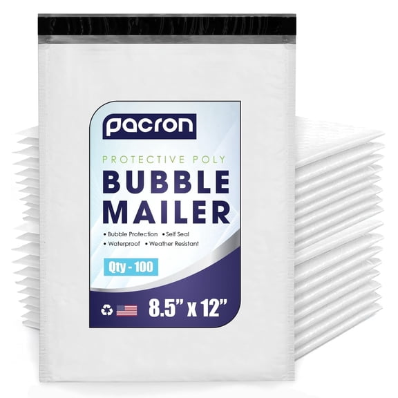 Pacron Poly Bubble Mailers 8.5x12 Inch 100-Pack - Waterproof Self-Sealing Thick Padded Envelope for Shipping - Durable Shipping Envelopes for Clothing, Electronics & Accessories