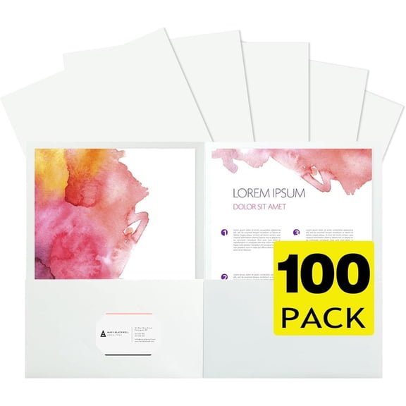 100-Pack White 2-Pocket Folders with Business Card Holder, Letter Size (8.5 x 11 Inches), Matte Paper, 1/2-Cut End Tab