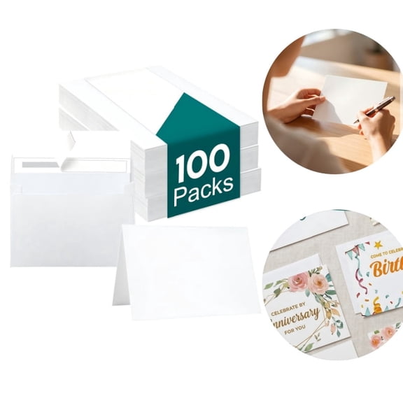 100 Pack White Blank Cards & 100 Pack Envelopes 4x6, Note Greeting Cards and Envelopes Set, Folded Cardstock with Self-Seal Envelopes for DIY Greeting, Thank You Cards, Invitations for All Occasions
