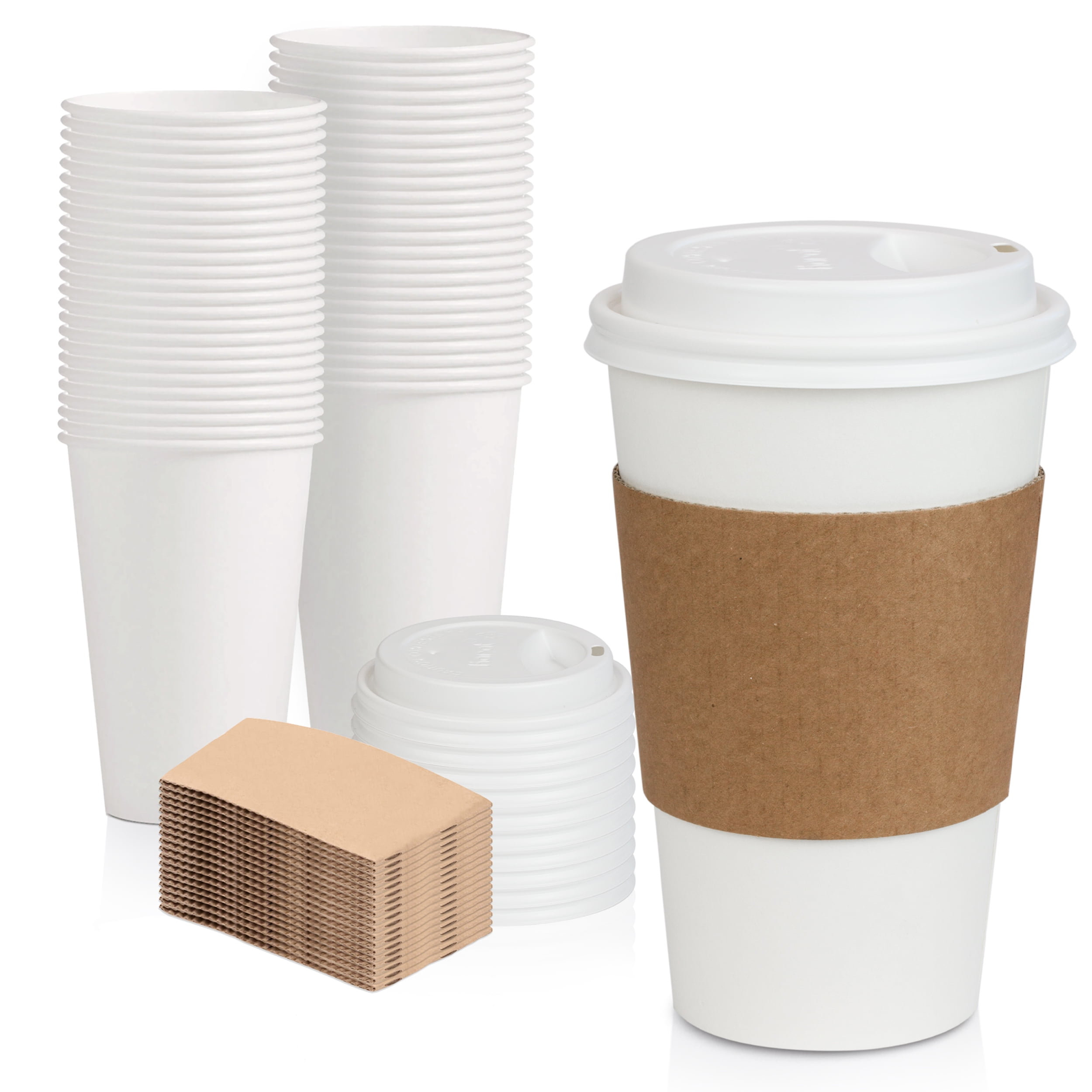Bulk Pack 16oz White Disposable Coffee Cups with Lids and Sleeves ...