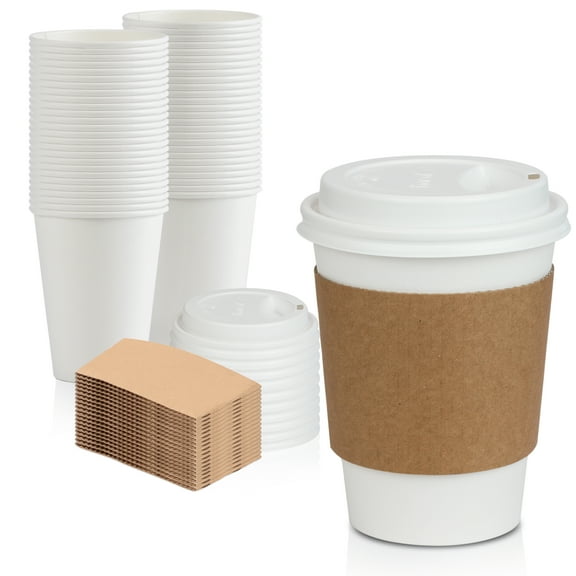 [100 Pack] White Coffee Cups with White Dome Lids and Brown Sleeves - 12oz Disposable Paper Coffee Cups - To Go Cups for Hot Chocolate, Tea, and Other Drinks - Ideal for Cafes, Bistros, and Businesses