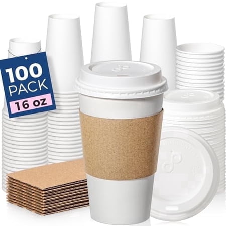 Fit Meal Prep 100 Pack 16 oz Disposable Coffee Cups with Lids, Sleeves, Leak-Proof To Go Coffee Cups with Lids, Durable Hot Paper Cups for Home, Office, Party, Business