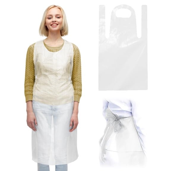 100 Pack of White Disposable Plastic Aprons 28 x 46, 1 Mil Poly Clear Disposable Aprons, White Clear Plastic Aprons 28x46 Disposable, Polyethylene Clear Apron