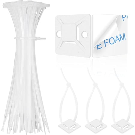 100-Pack White Self-Adhesive Cable Tie Mounts with Multi-Purpose Sticky Pads for Secure Cable Organization