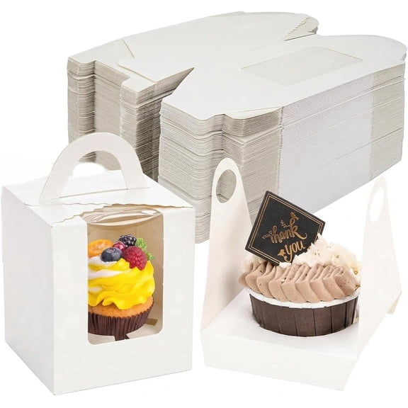 100 Pack White Single Cupcake Boxes, Kraft Paper Individual Cupcake Container with Window Insert Handle, Portable Bakery Containers for Small Cake, Muffins, Birthday Wedding Baby Shower Party