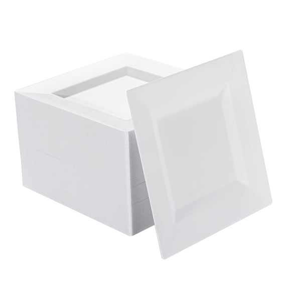 100 Pack White Square Dessert Plates, 6.5" Disposable Plastic Plates, Heavy-Duty Salad & Appetizer Plates, Cake & Serving Dishes for Weddings, Parties, Holidays & Events