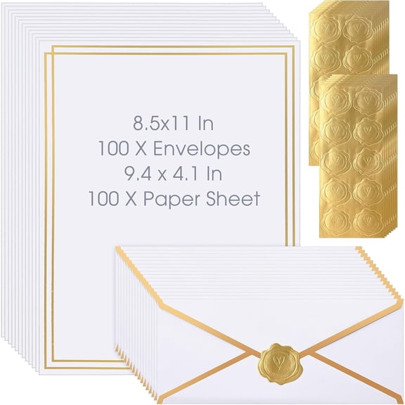 100 Pack White Stationery Set with Envelopes and Stickers Gold Border Letter Paper #10 Business Envelope 8.5x11 Sheets for Writing Invitation