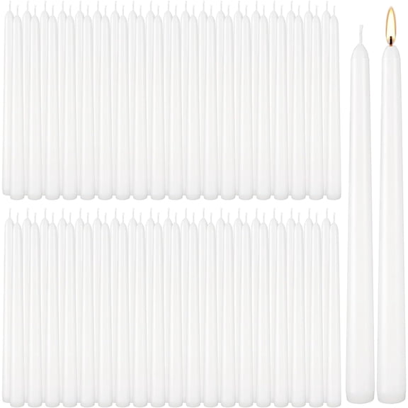 100-Pack White Taper Candles - 10 Inch 8-Hour Burn Time Dinner Candles, Smokeless Dripless Unscented for Wedding, Party, Home Decor | Bulk Household Candles for Candlesticks & Centerpieces