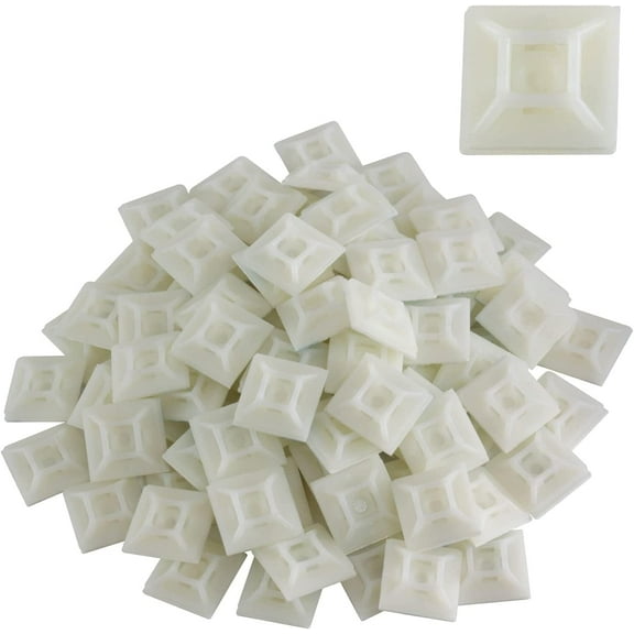 100 Pack White Zip Tie Mounts, 1" Adhesive Mounting Squares, Cable Tie Mount, Zip Tie Anchor for Wire Bundles, UV Resistant Tie Wrap Bases