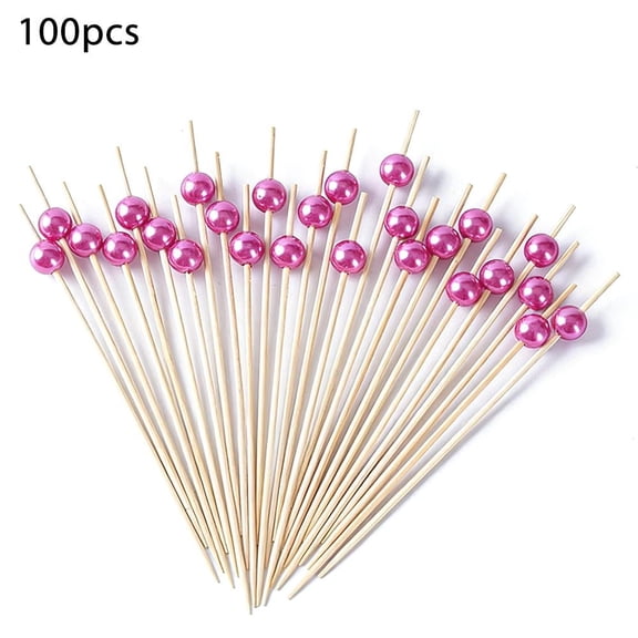 100-Pack Wood Cocktail Picks with Colorful Bead Design, 4.7-Inch Disposable Fruit Skewers for Appetizers and Desserts, Rose Red