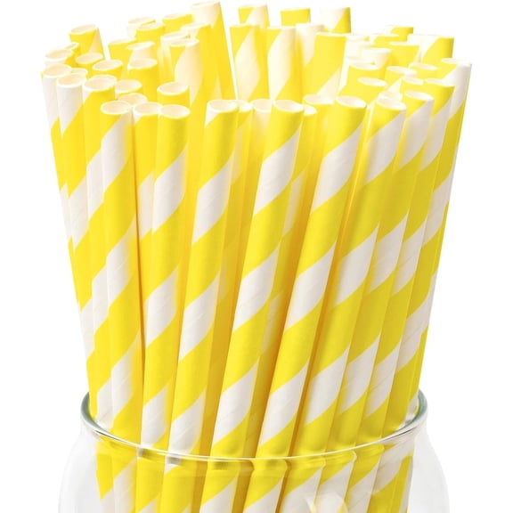 100 Pack Yellow Paper Straws, Disposable Biodegradable Drinking Straws for Cocktails, Lemonade, Daily Use and Holiday Party (0.24" x 7.75", 4-Layer Food Grade, Eco-Friendly)