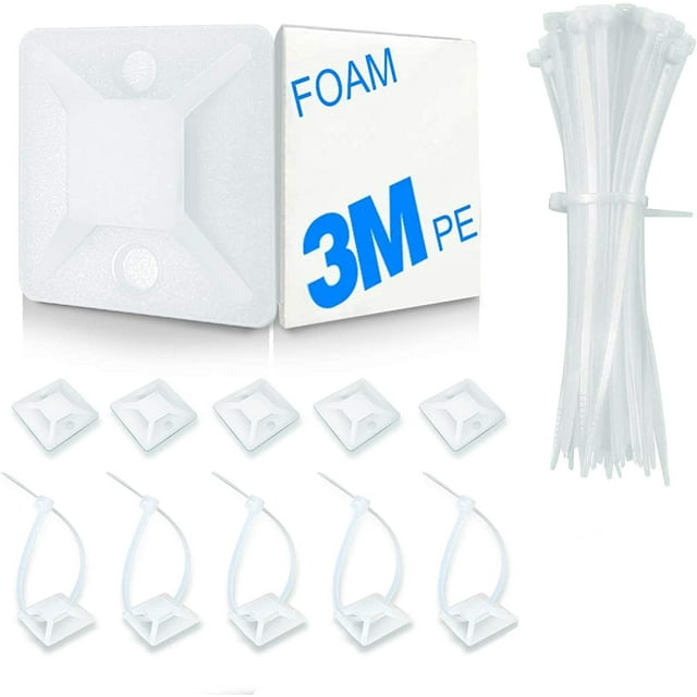 100 Pack Zip Tie Mount With Cable Ties,Self Adhesivebacked Mounts For Wire Holder, White Cable