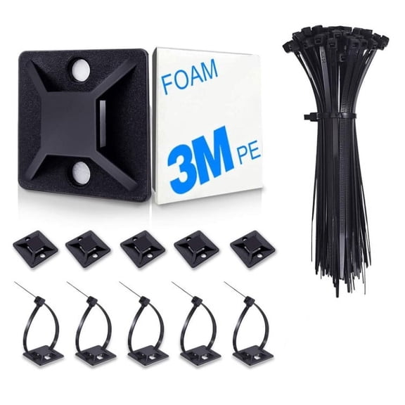 100 Pack Zip Tie Mount with Cable Ties, Sturdy Self-adhesive Mounting Base That Can be Used for Indoor and Outdoor Cable Fixation