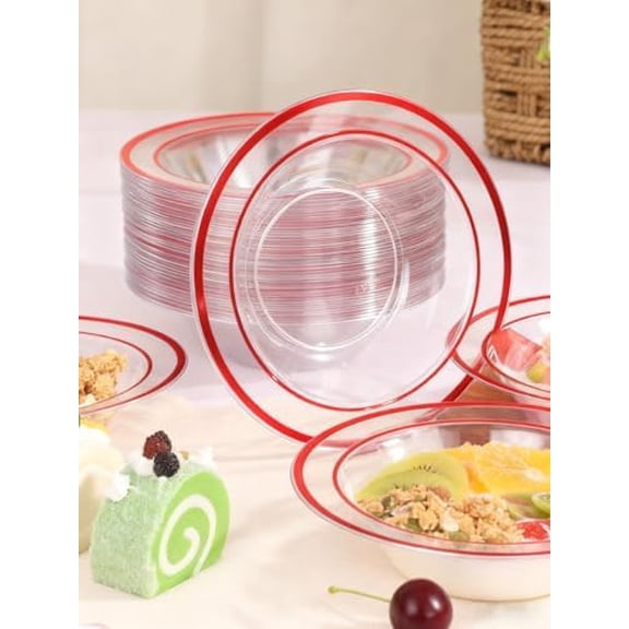 100 Pack clear Plastic Bowls with Red Rim, 12oz Disposable Soup Bowls, Heavy Duty Dessert Bowls for Christmas, Parties, Dinners, Catering, Thanksgiving
