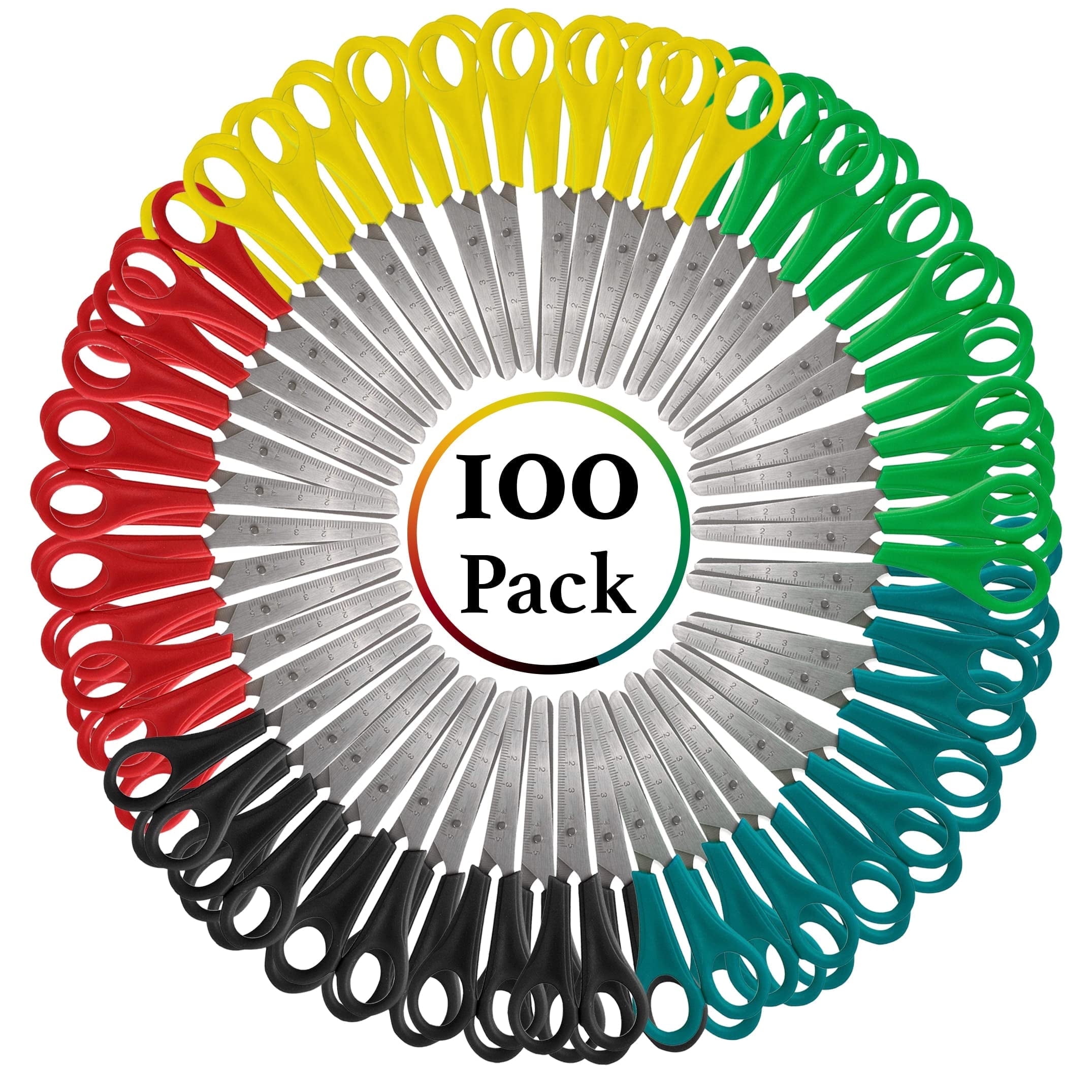 100 Pack of Bulk Wholesale 5 Inch Blunt Tip Safety Scissors for Arts and Crafts in Black, Red, Green, Blue and Yellow