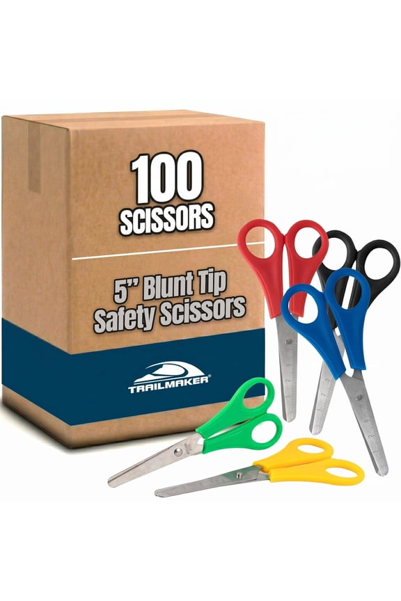 100 Pack of Bulk Wholesale 5 Inch Blunt Tip Safety Scissors for Arts and Crafts in Black, Red, Green, Blue and Yellow