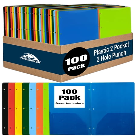 100 Pack Two Pocket Plastic Translucent 3-Ring Hole Punch Folders, 11.5”L x 9.5”W for Filing / Storing Paper Work, Assorted Colors