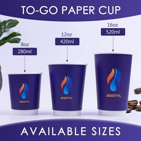 [100 Pack with Lids] Jesotyl 12oz Thermoguard Disposable Coffee Cups [420 ml] (Blue)