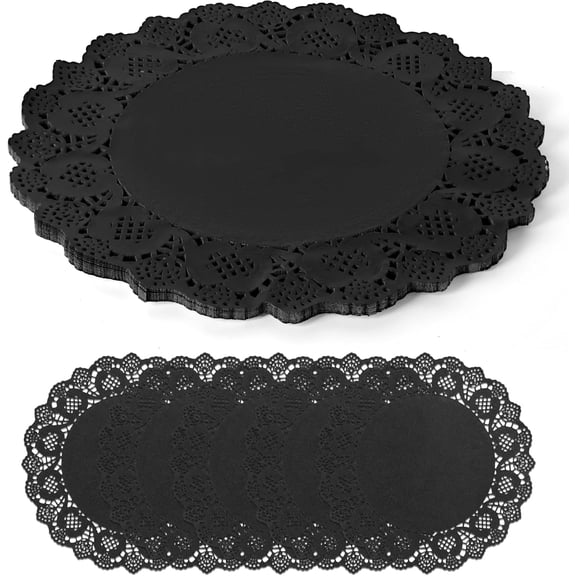 100 Packs Black Lace Paper Placemats, 13.5 Inch Round Doilies, 50 GSM Heavy-Duty Food-Contact Paper, Disposable Leak-Proof Table Mats for Dessert Table, Wedding, Party Setting