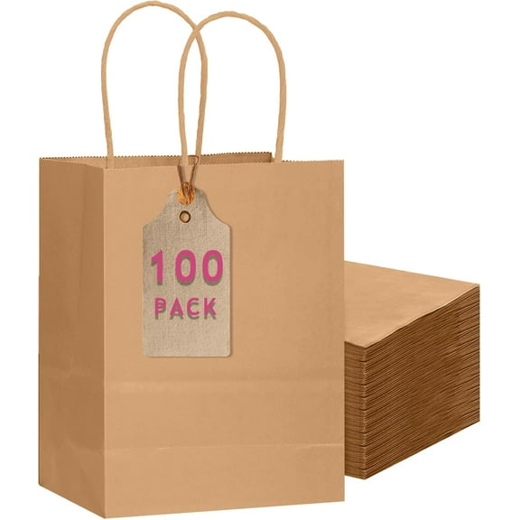 100-Packs Brown Paper Gift Bags with Handles Bulk 7.6"x4.75"x10.5" Medium Size Gift Bags Multiple Uses