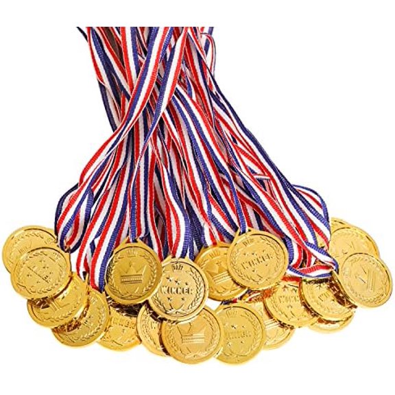 100 Packs Children's Gold Plastic Winner Medals Kids Golden Winner Awards Medals$$Gift Supply & Awards