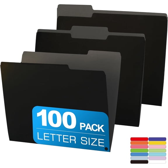 100 Packs Colored File Folders,Black File Folders,Two Tone Color File Folder 8.5 x 11 Inch,1/3 Cut Tabs Letter Size,Manila File Folders for Office,School and Home,Organization