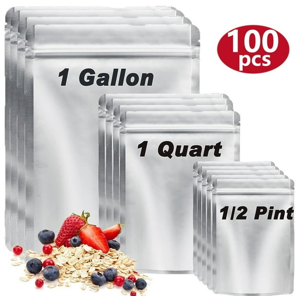 100 Packs Of Mil Mylar Bags For Food Storage, 10 Mil 1 Gallon (30pcs), 8 Mil 1 Quart (30pcs), 6 Mil 1/2 Pint (40pcs), Resealable Zip Lock Mylar Bags For Long Term Food Storage