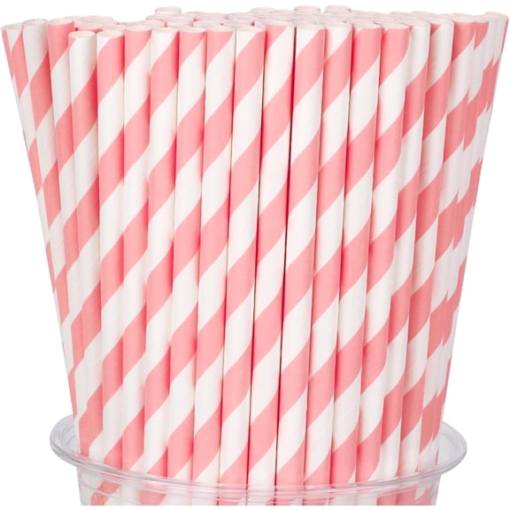 100 Packs Pink Biodegradable Striped Paper Straws, Disposable Drinking Straws for Birthday Carnival Summer Pool Party Wedding Baby Shower Halloween Christmas Party Decoration Supplies
