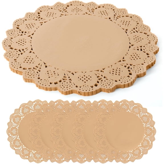 100 Packs Round Kraft Paper Lace Placemats, 13.5 Inch Heavy-Duty Disposable Brown Paper Doilies, Leak-Proof Table Mats for Dinner Plates, Cakes, Parties and Wedding Decor