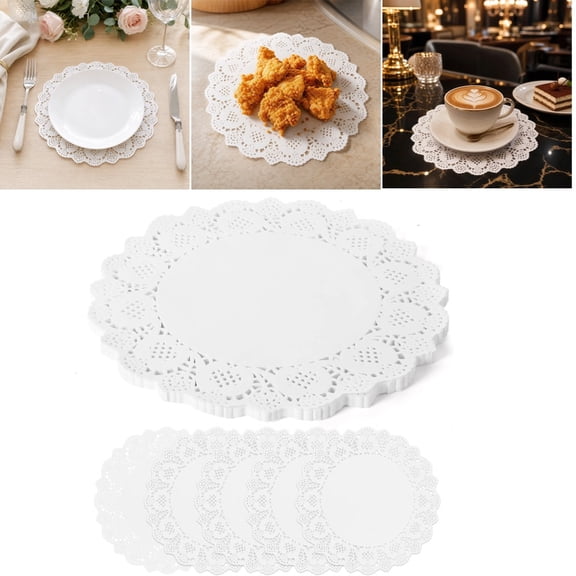 100 Packs White Lace Paper Placemats, 12.5 Inch Round Doilies, Heavy-Duty Food-Contact Paper, Disposable Leak-Proof Table Mats for Dessert Table, Wedding, Party Setting