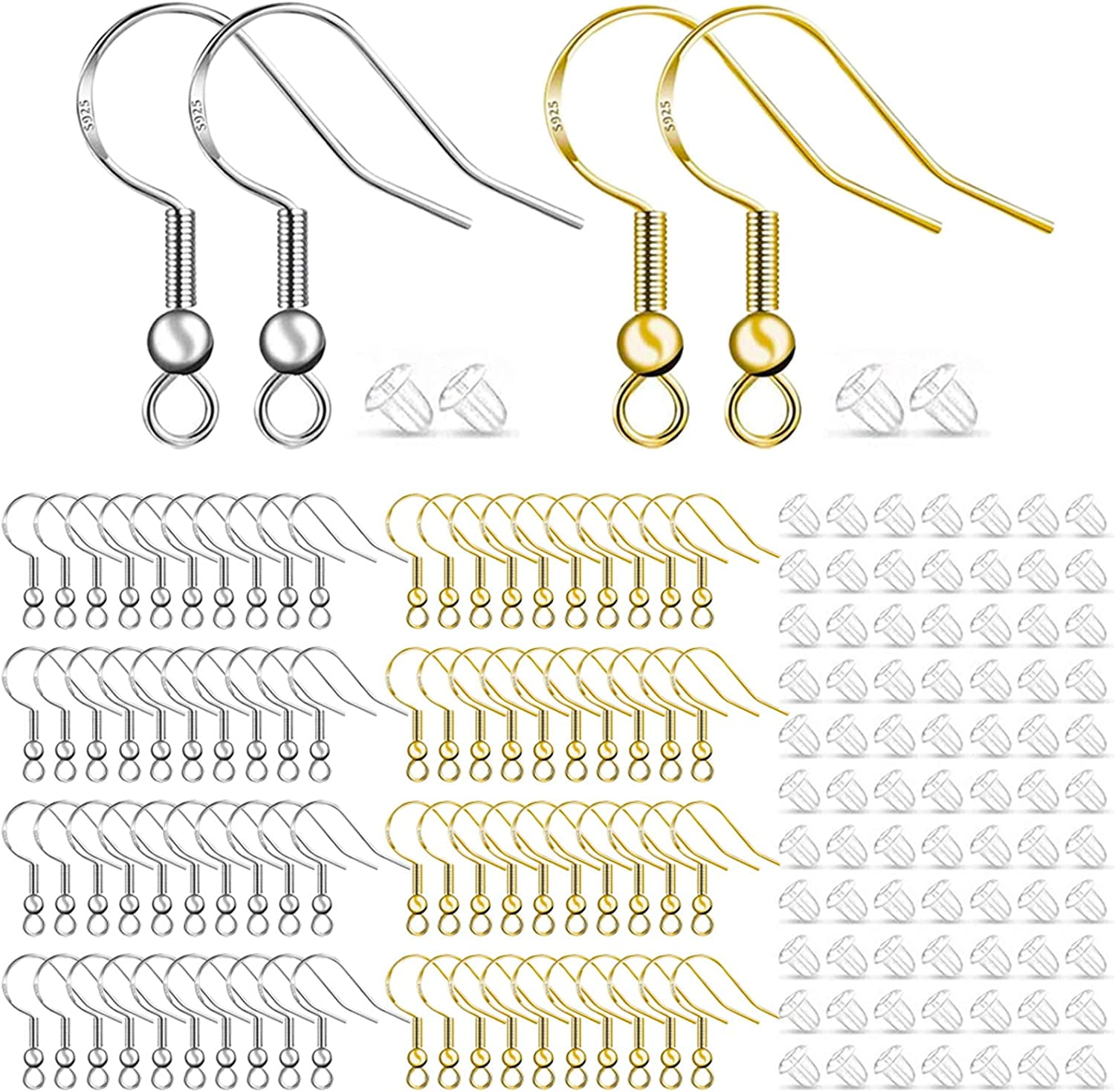 100 Pair 925 Silver Hypoallergenic Earring Hooks, Earring Making Supplies Kit with Ear Wires Fish Hooks and Clear Rubber Earring Backs for DIY Jewelry Making(Silver\u0026Gold - 400Pcs)