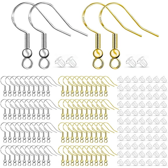 100 Pair 925 Silver Hypoallergenic Earring Hooks, Earring Making Supplies Kit with Ear Wires Fish Hooks and Clear Rubber Earring Backs for DIY Jewelry Making(Silver&Gold - 400Pcs)