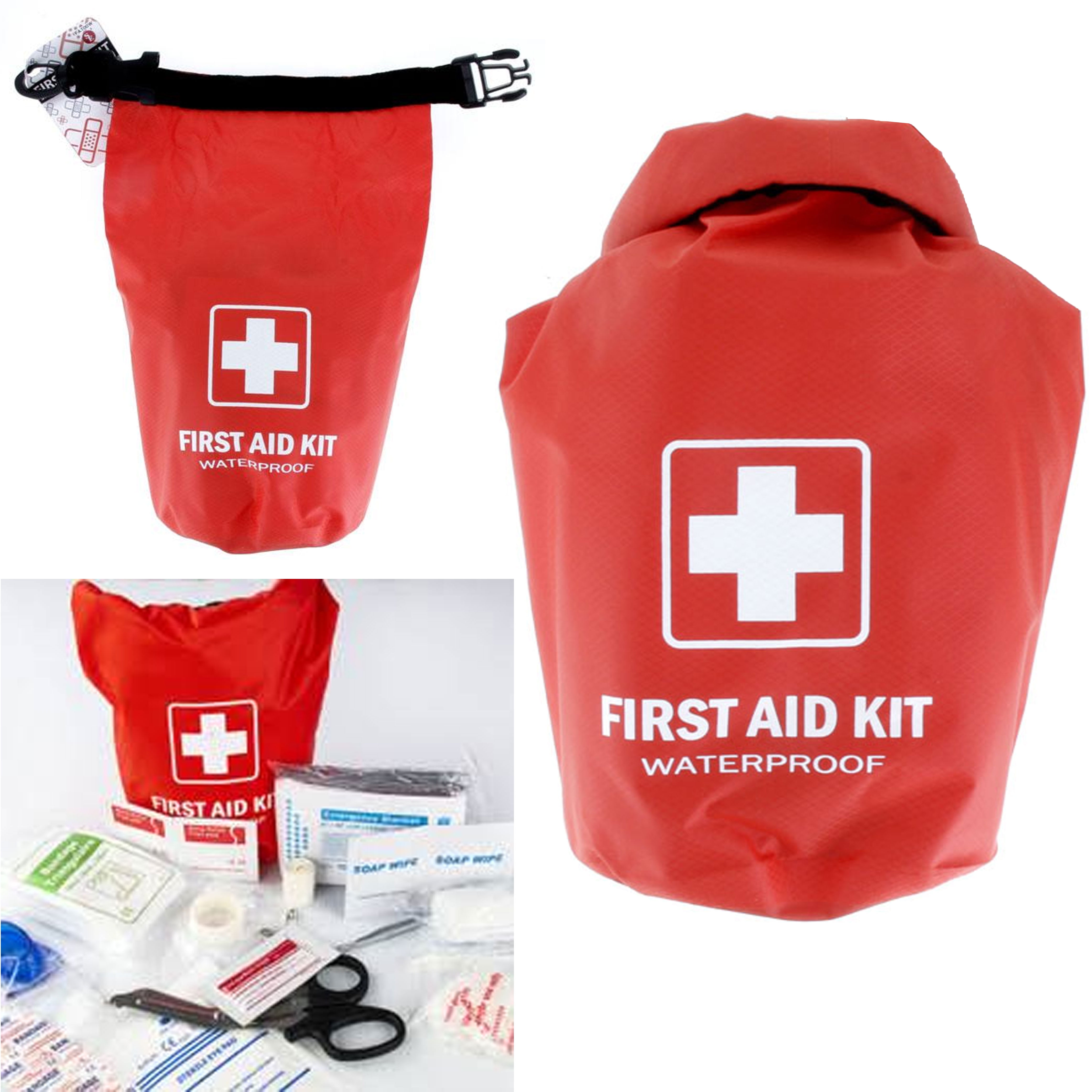 TROIKA ERSTE HILFE SET – FIA16/RD – First aid kit waterproof, roll top  closure – contains: 1 mouth-to-mouth mask – 1 pair of vinyl gloves, 1  emergency