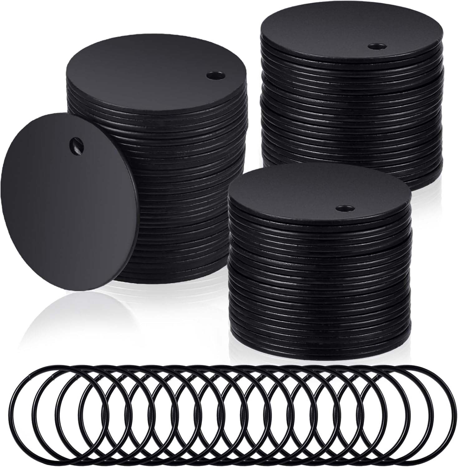 100 Pcs 1.2 Inch Metal Stamping Blanks Black Round Stainless Steel Blank Dog Tags with Hole Metal Polished Tags for Engraving with Key Rings for Bracelet Jewelry Making