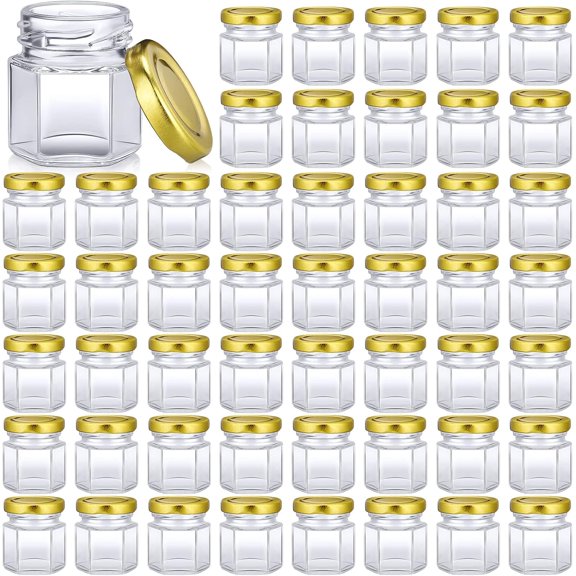 100 Pcs 1.5 oz Hexagon Mini Glass Jars Bulk Honey Jars, Gold