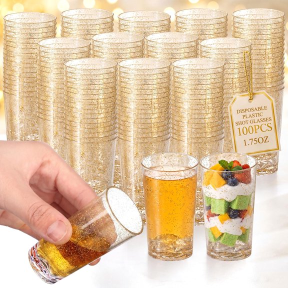100 Pcs 1.75oz Plastic Disposable Shot Glasses Bulk, Gold Sequins | Clear Tall Straight Wall Shooter, Glasses Shooter, Sample Cups, Wedding Party Wine Beer Champagne Tasting Whiskey Dessert
