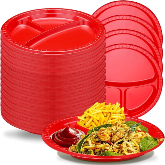 100 Pcs 10 Inch 3-Compartment Divided Plastic Plates Bulk Colorful Disposable Heavy Duty Round Dinnerware Red