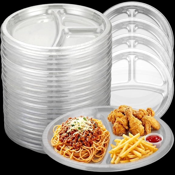 100 Pcs 10 Inch 3 Compartment Divided Plastic Plates Bulk Transparent Disposable Heavy Duty Round Dinnerware