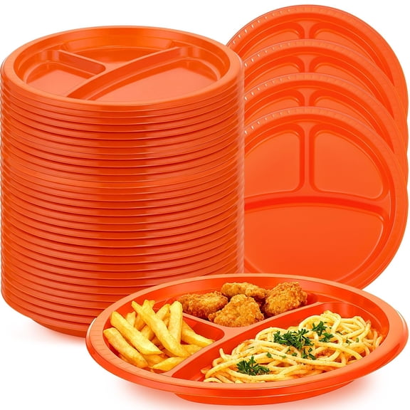 100 Pcs 10 Inch 3 Compartments Divided Plastic Plates Bulk Colorful Disposable Heavy Duty Round Dinnerware for Valentine Wedding Birthday Party