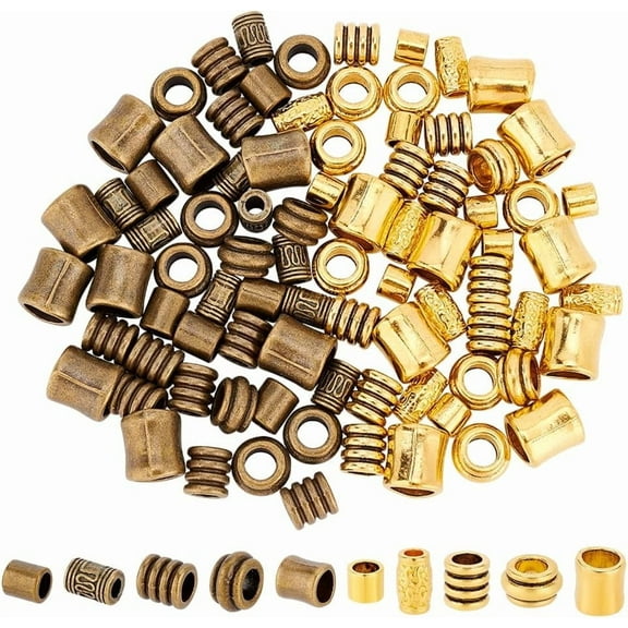 100 Pcs 10 Styles African Beads Large Hole Tibetan Style Alloy Spacer Beads for DIY Hair Braiding Jewelry Making Golden/Bronze Hole: 3.58.5mm