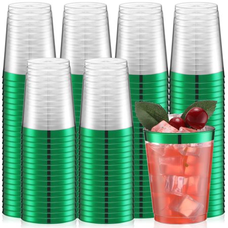 100 Pcs 10Oz Plastic Cups Clear Plastic Tumblers Rimmed Plastic Cups Fancy Disposable Cups Elegant Party Plastic Cups For Wedding, Thanksgiving Day, Christmas, Drinking (Green)