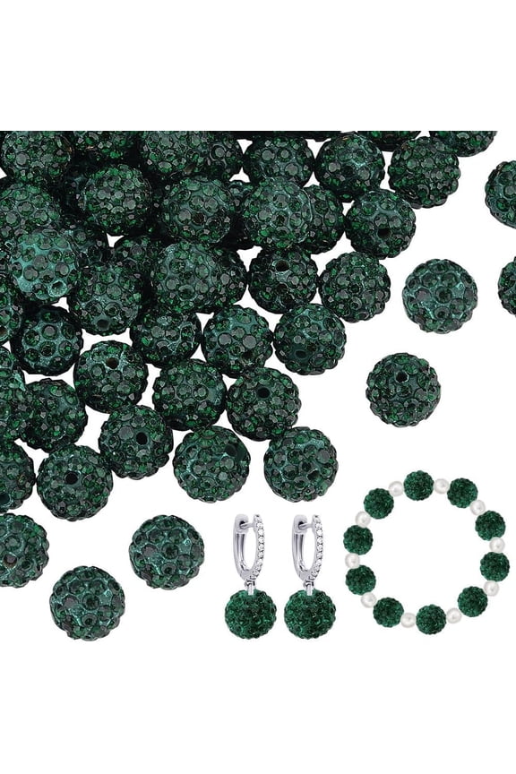 100 Pcs 10mm Dark Green Rhinestone Beads Round Polymer Beads for Necklace Bracelet Jewelry Making Party Decoration